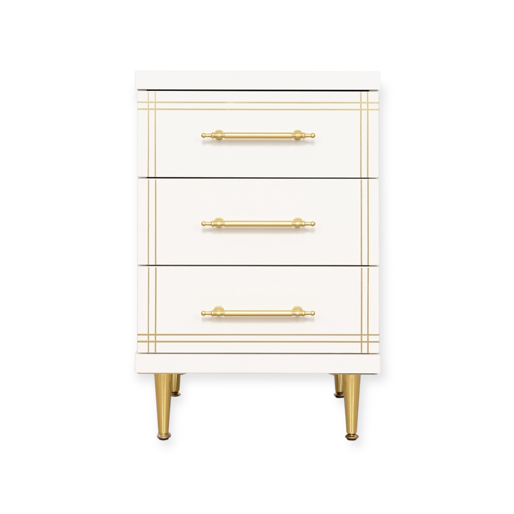 [ST-19-WHITE-3DR] Cabinet ST-19 | 3-Drawer White Storage Unit with Gold Accents