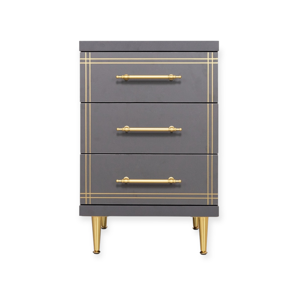 [ST-19-GREY-3DR] Cabinet ST-19 | 3-Drawer Grey Storage Unit with Gold Accents