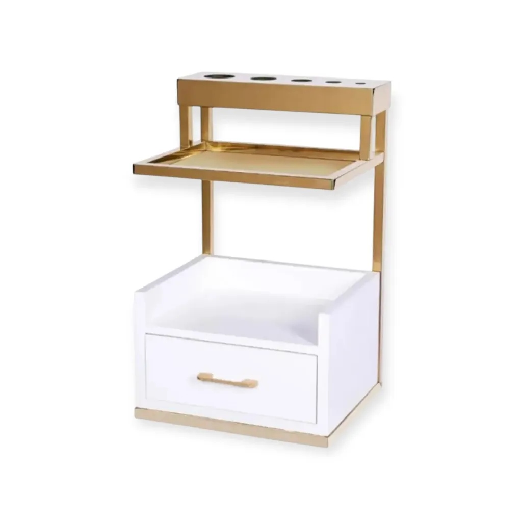 [Cabinet TR-01 White & Gold] Cabinet TR-01 White & Gold Storage Unit with Shelves and Drawer