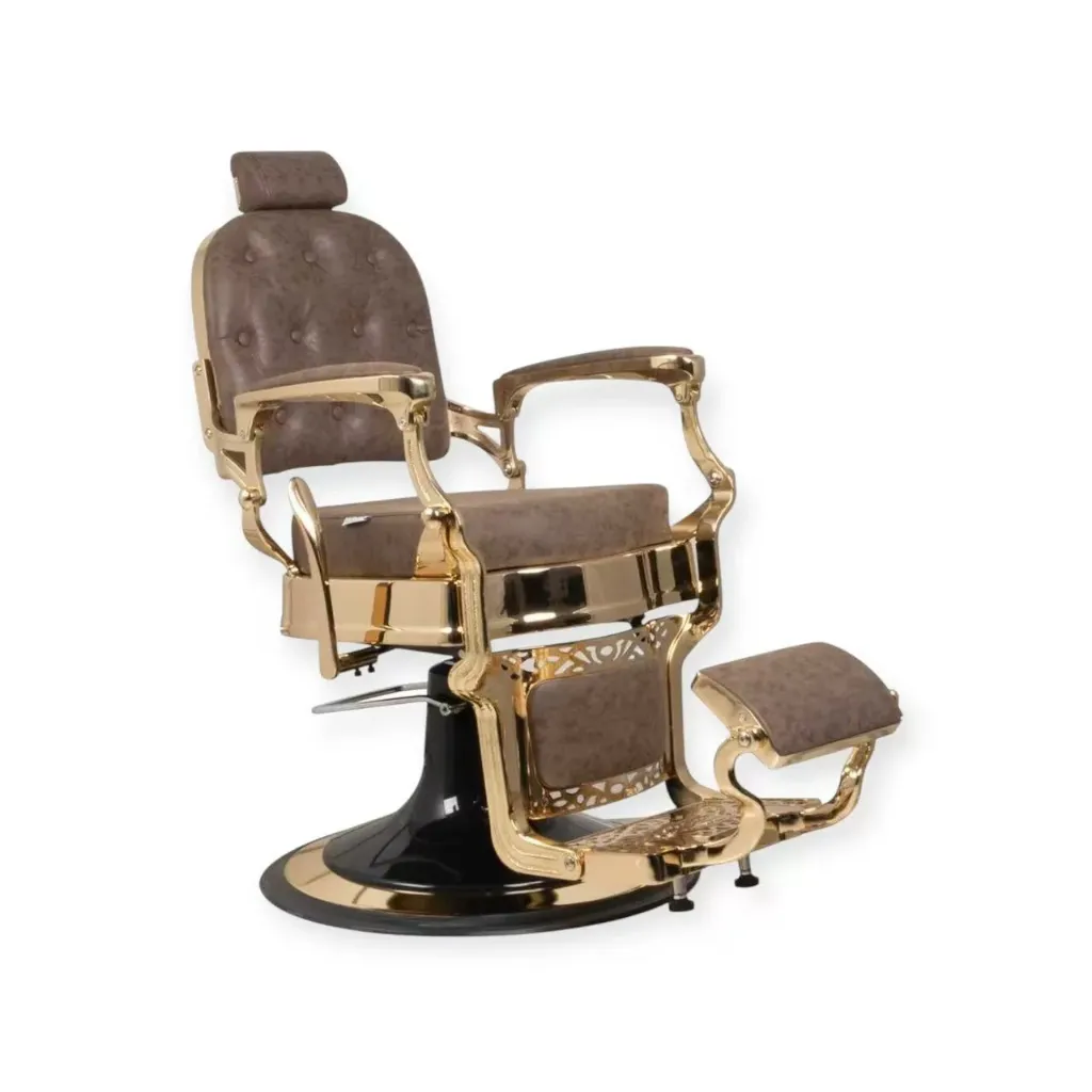 Barber Chair FR-58028-HC | Gold Frame | Square Back | Aklavik Brown (005)