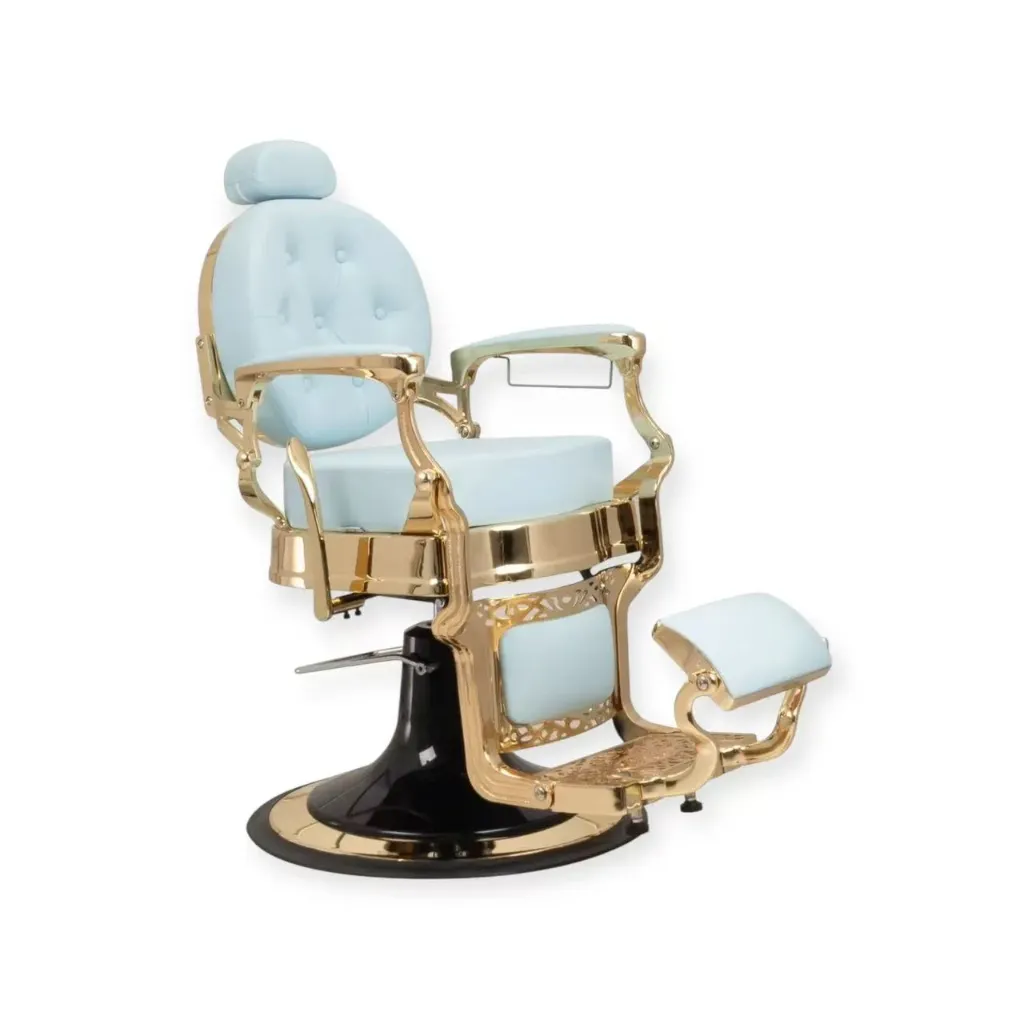 Barber Chair FR-2530 | Gold Chrome | Extra Thick | Miami Light Blue