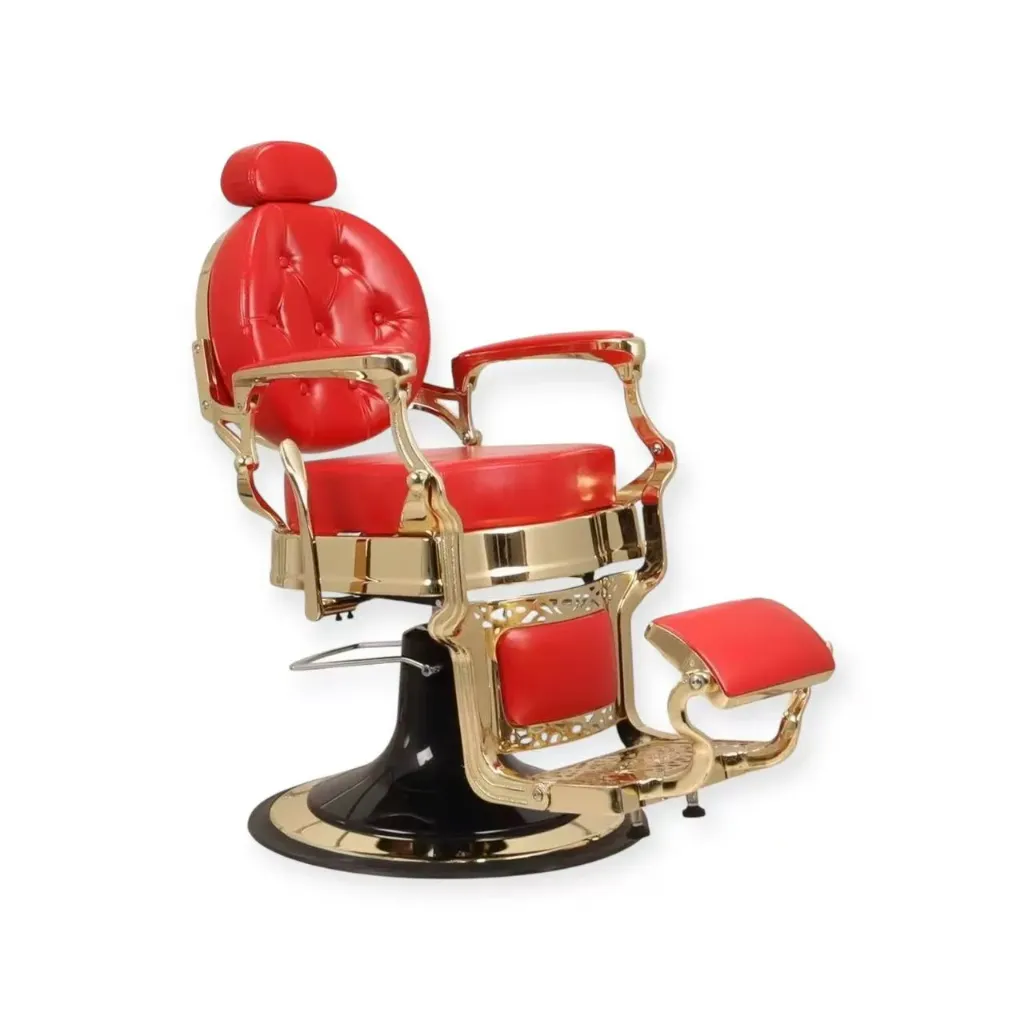 Barber Chair FR-2530 | Gold Chrome | Extra Thick | Miami Matte Red